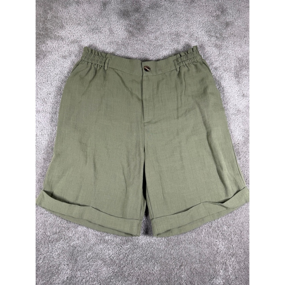 Halara Olive Green High Waisted Cuffed Linen Blend Shorts Elastic Waist Pockets